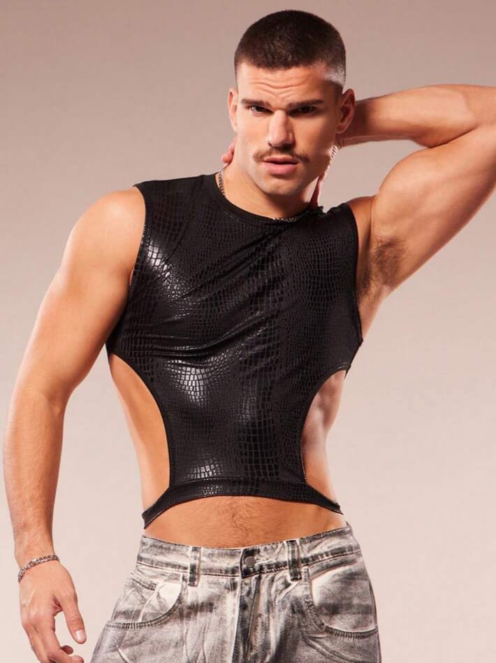 Men's Crew Neck Crocodile Embossed Cut=Out Tank Top